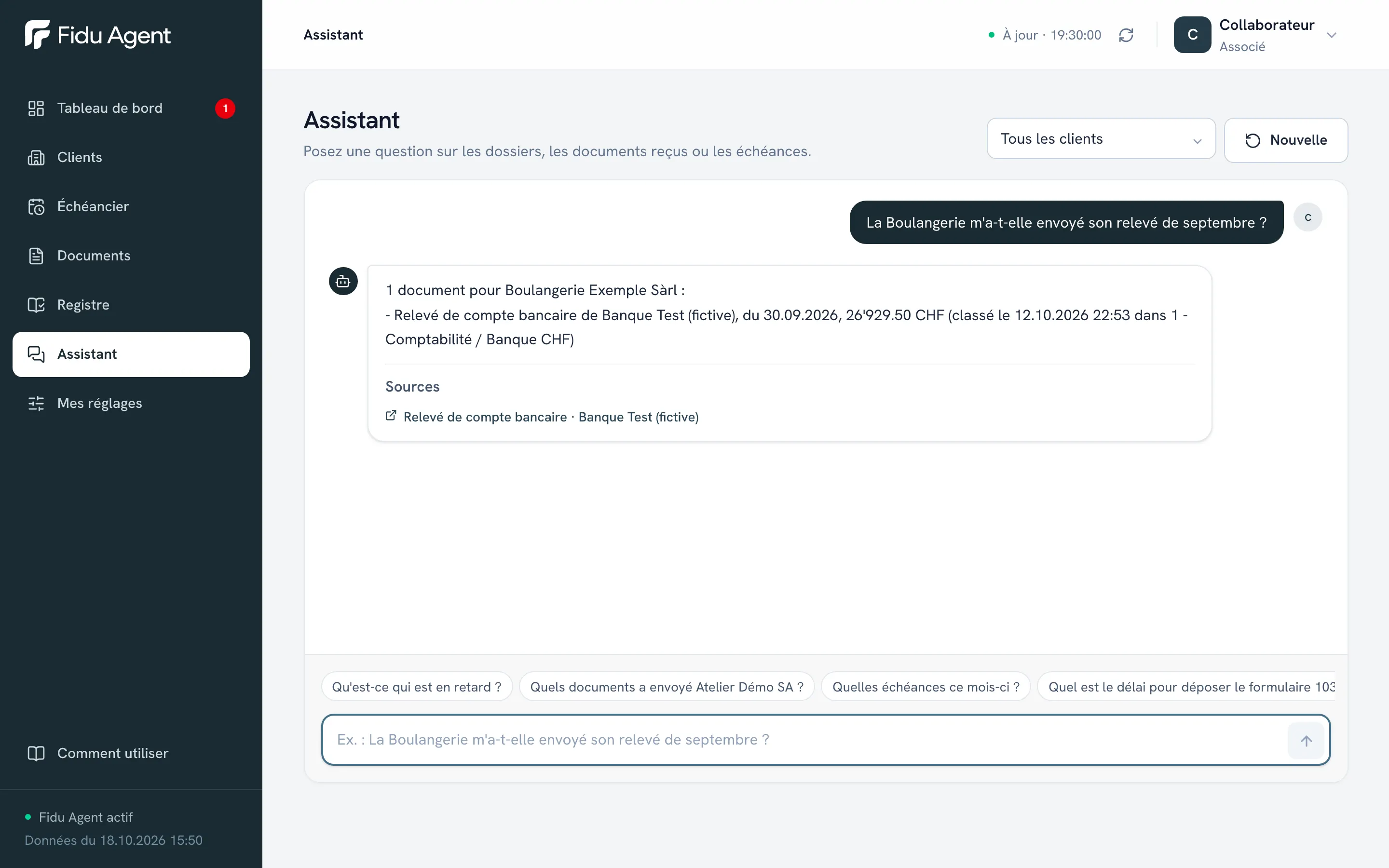 Assistant de Fidu Agent répondant à une question sur le relevé bancaire de septembre de Boulangerie Exemple Sàrl, avec sa source.