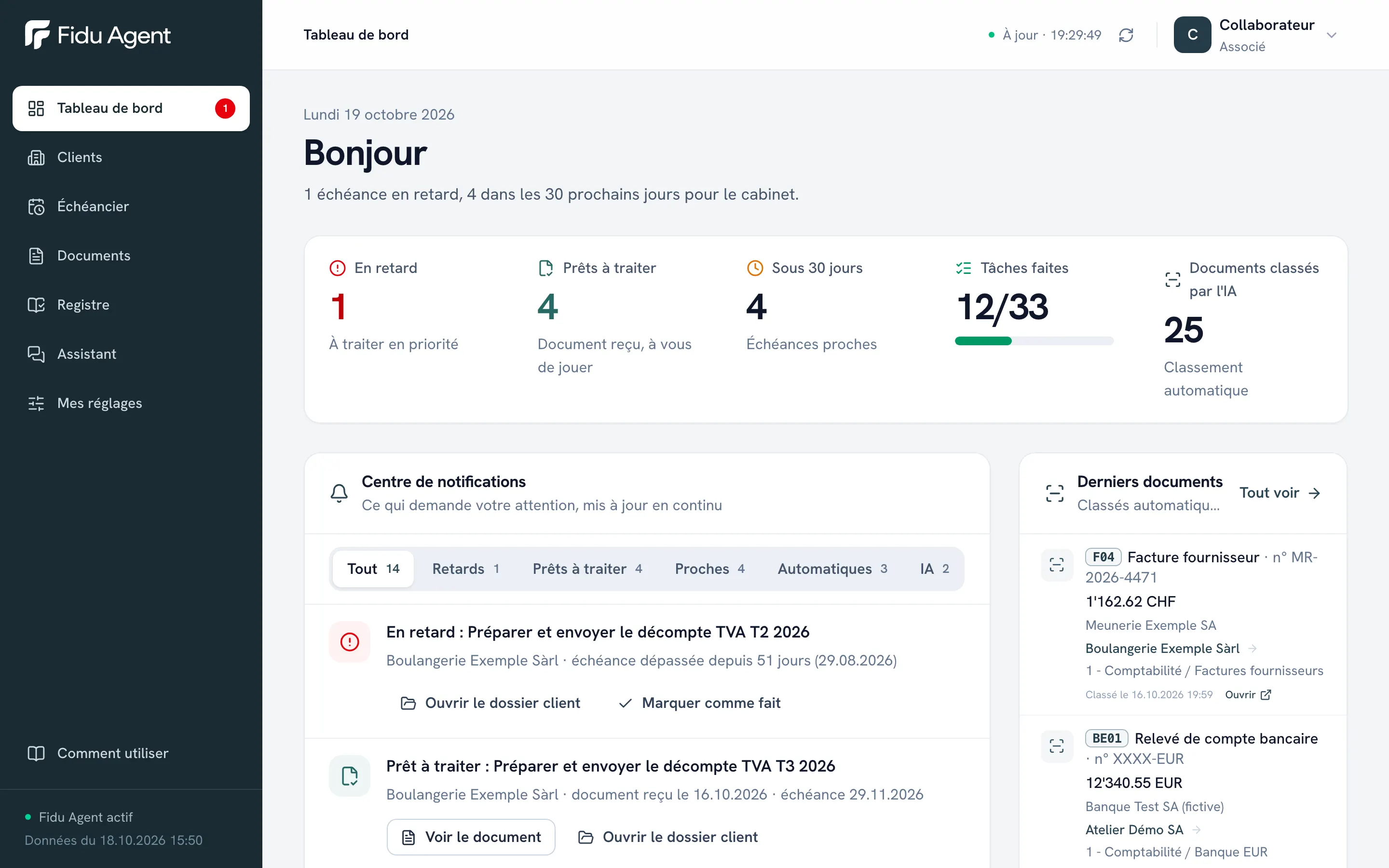 Tableau de bord de Fidu Agent avec les derniers documents classés, les tâches à traiter et les documents à vérifier.