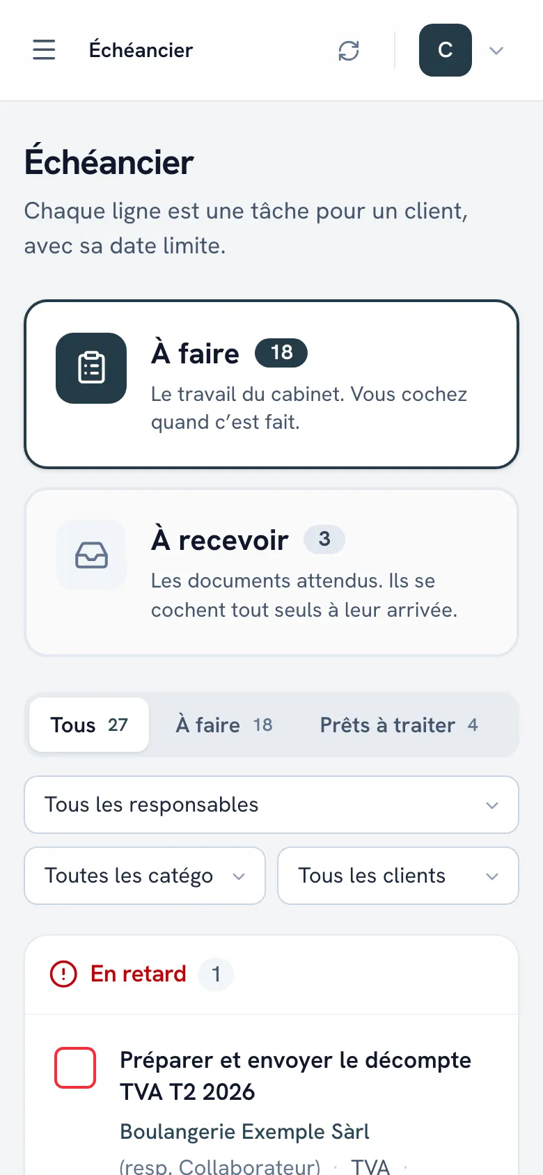 Échéancier de Fidu Agent avec des tâches TVA, AG et impôts pour plusieurs sociétés, en rouge, orange et vert selon leur état.