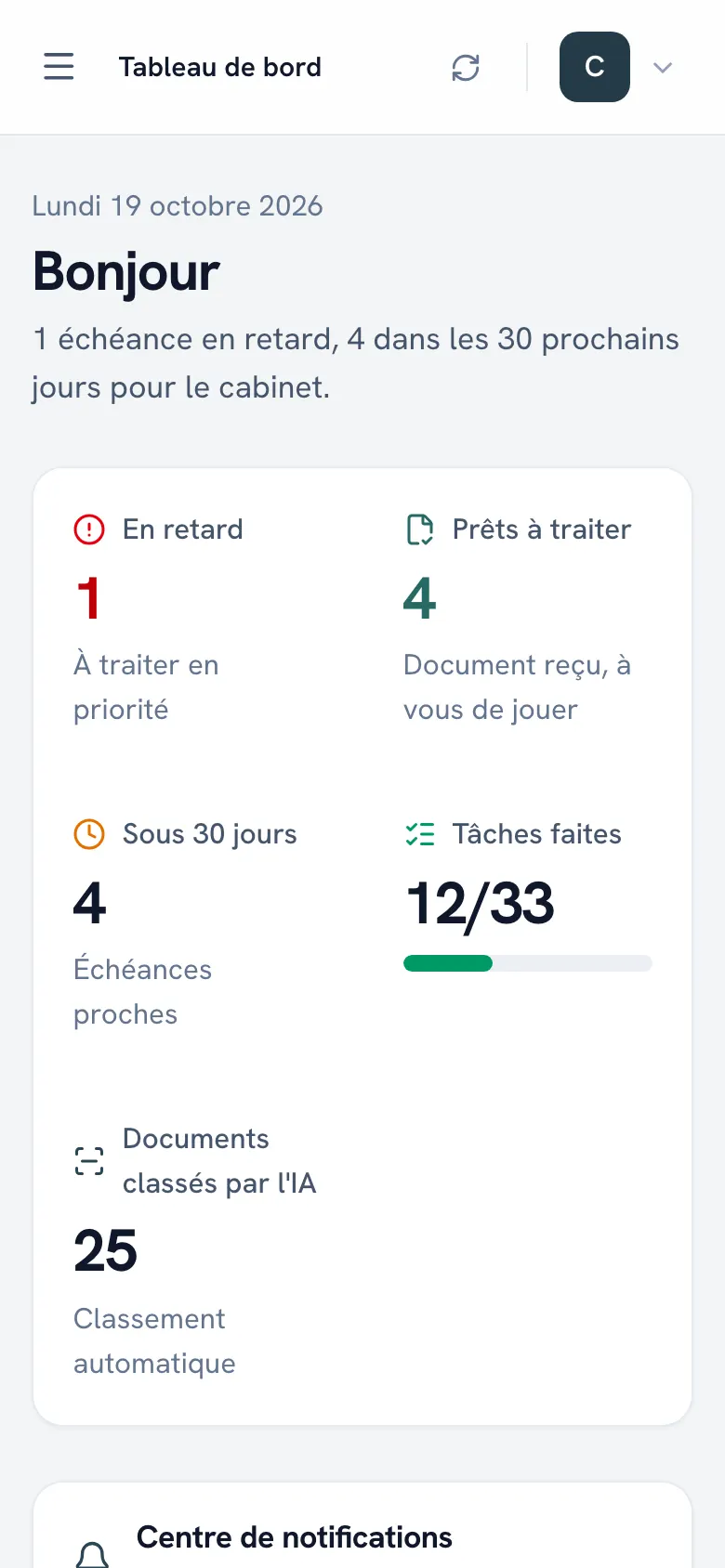 Tableau de bord de Fidu Agent avec les derniers documents classés, les tâches à traiter et les documents à vérifier.